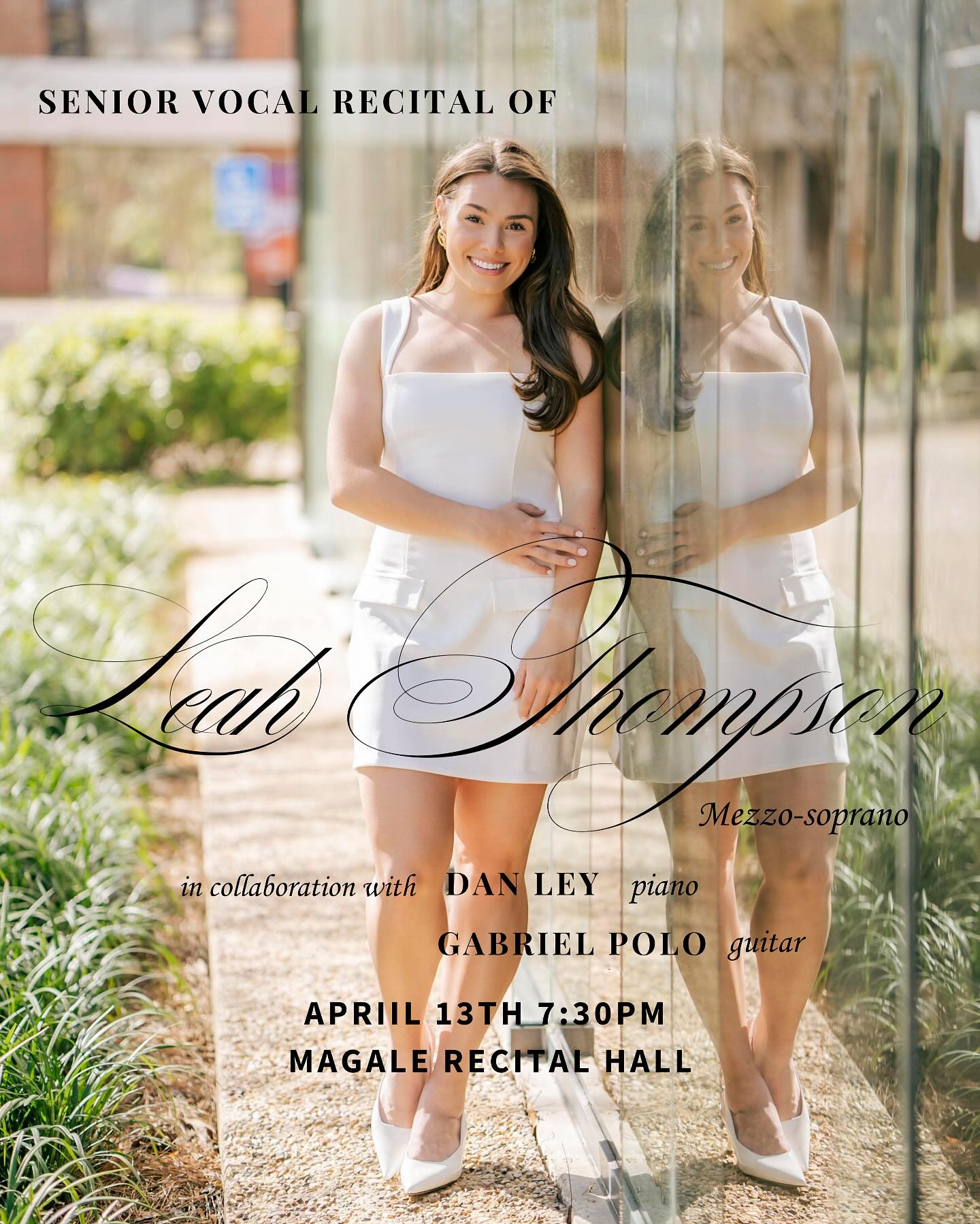 Come join me for the Senior Vocal Recital this Sunday at Magale Recital Hall on the NSU campus! 

I'll be sharing a program filled with the music I’ve loved studying as a music major—spanning classical, art song, folk, and musical theatre. 

This recital showcases the past several years of growth as a vocal performer at Northwestern State University. As graduation nears, I am grateful to the professors who have invested in me, encouraging peers, and memories from NSU. I hope to see you there for the closing of this meaningful chapter 🤍